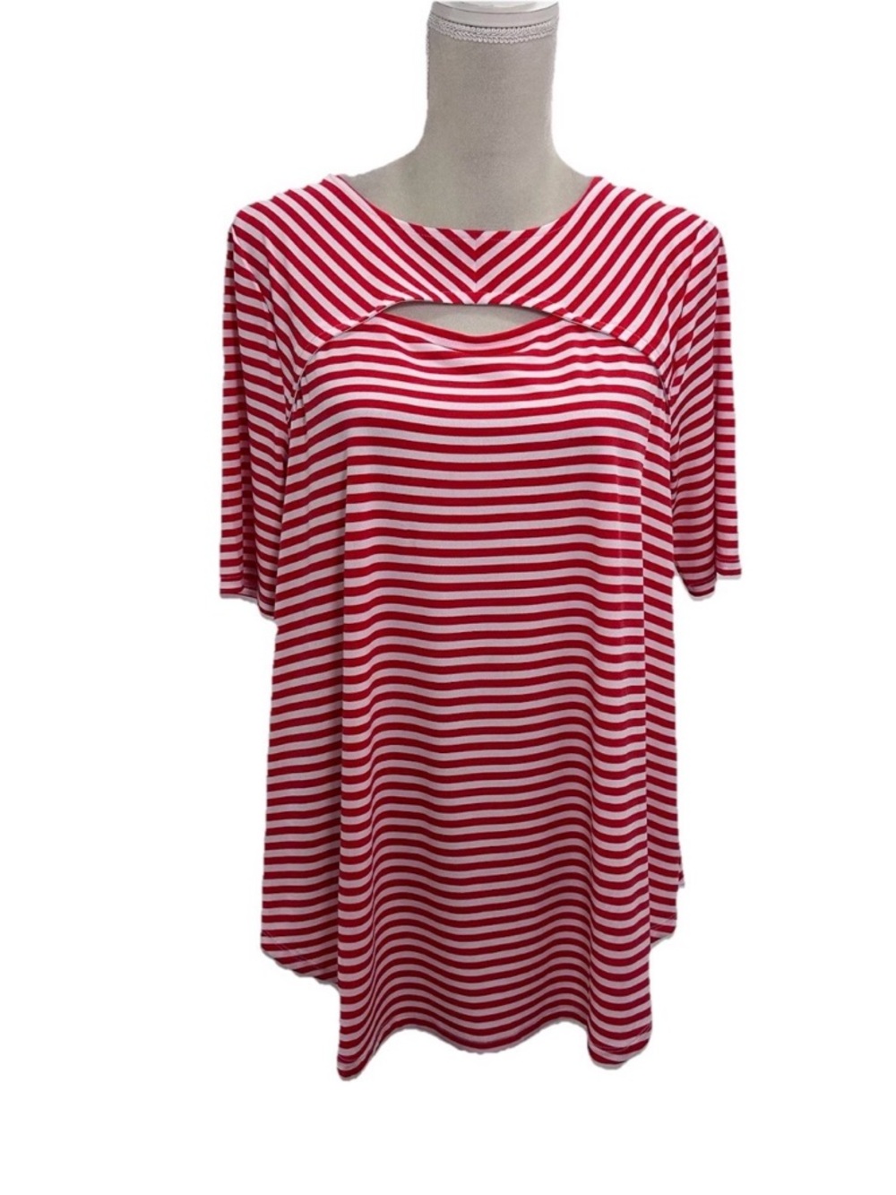Chico's Red and White Striped Cutout Neck Blouse